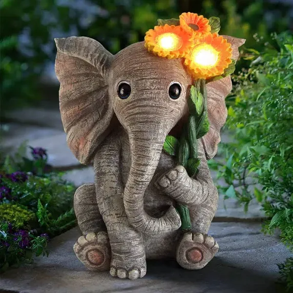 Pohabery Outdoor Sculpture Statue Elephant Decor,Solar Garden Elephant with 2 LED Flowers Lights for Patio,Lucky Elephant Birthday Gifts for Women