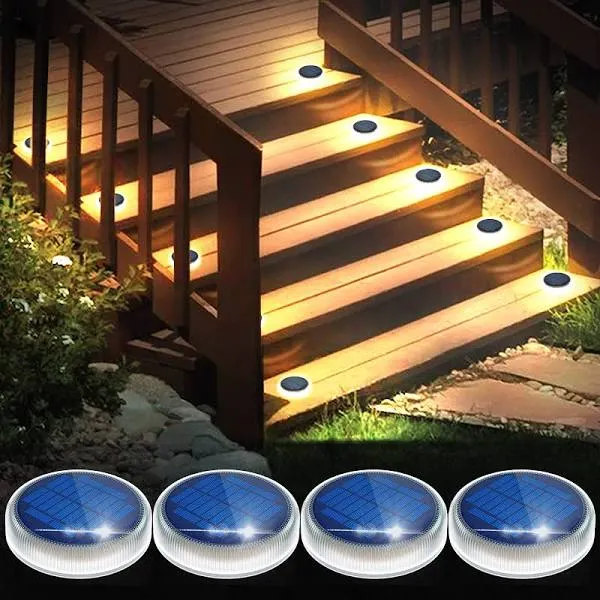 LED Solar Deck Lights, Round Step Lights with Waterproof, Auto ON/Off Stick o...