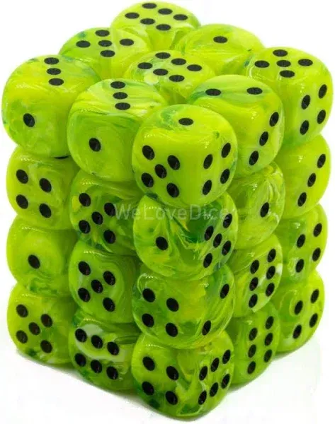 Chessex Dice d6 Sets: Vortex Bright Green with Black - 12mm Six Sided Die (36) Block of Dice