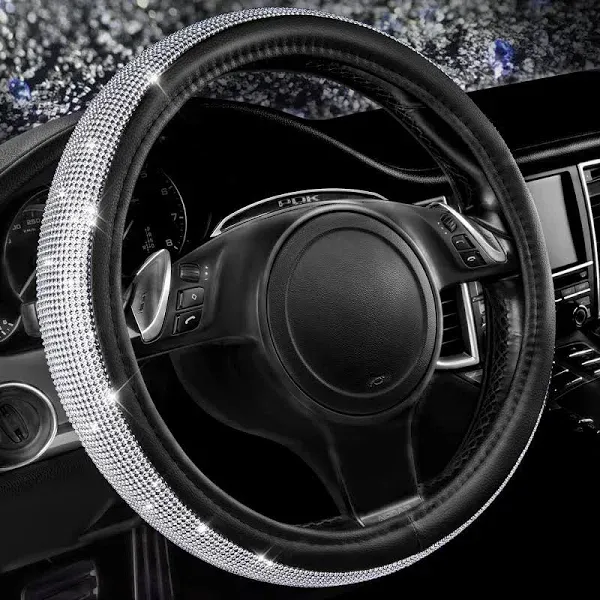 Car Pass Bling Diamond Leather Steering Wheel Cover, with Sparkly Crystal Glitter Rhinestones Universal Fit 14" 1/2-15" Car Wheel Protector for