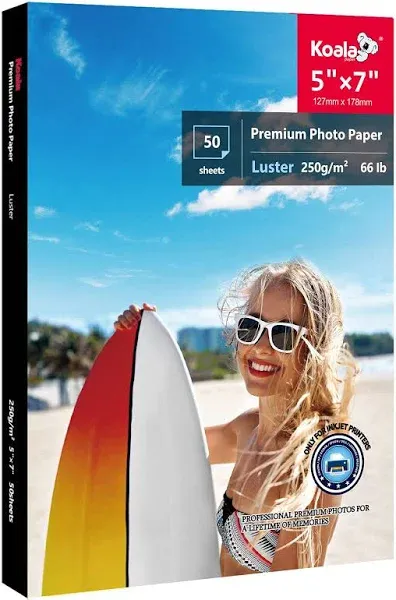 Koala Premium Luster Photo Paper 5x7 66 lb for Inkjet HP Epson Kodak 50 Sheets