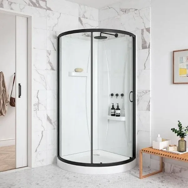 OVE Decors Breeze 36 in. x 76 in. Rounded Frosted Glass Sliding Corner Shower Kit | Includes Glass Panel, Glass Door and Acrylic Shower Base, in Chrome Finish