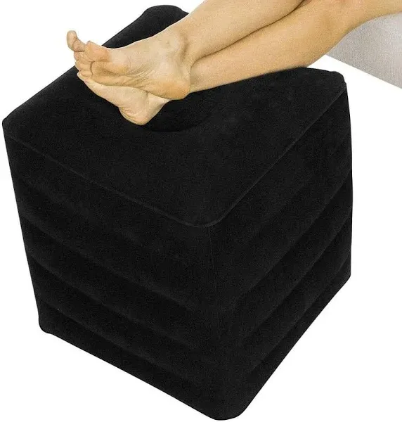 Inflatable Ottoman Travel Foot Rest - Foot Pillow for Office Desk, Car, Chair, Airplane - Leg Elevation Cushion with Bag and Hand Pump - for Kids, Adults - Adjust Height and Firmness