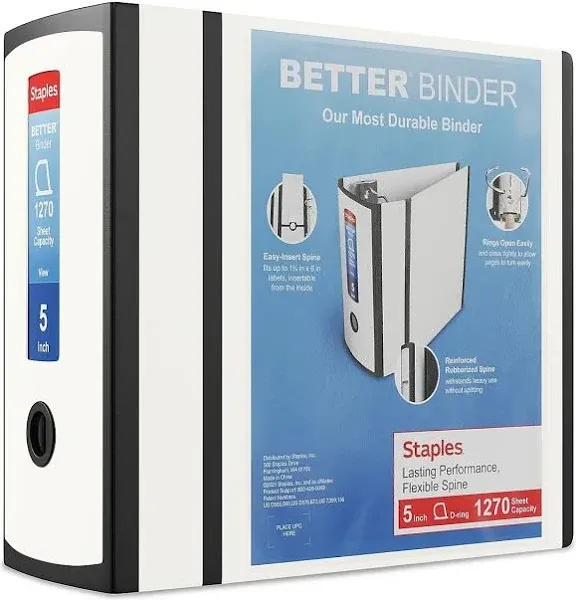 Staples Better Binder Heavy-Duty View, White, 1000-Sheet Capacity, 5" (Ring Diameter)