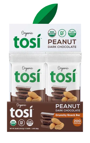 Tosi Dark Chocolate Peanut Protein Bars, Plant Based with Nuts, Gluten-Free Crunchy Snacks, Vegan, Organic, Flax & Chia Seeds, Soy-Free, Omega 3s, 20G Protein, 2.4 oz, 12-Pack