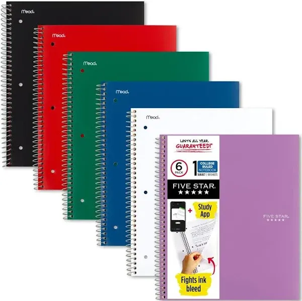 4 Pack Five Star Spiral Notebook  1 Subject College Ruled Paper 🇺🇸