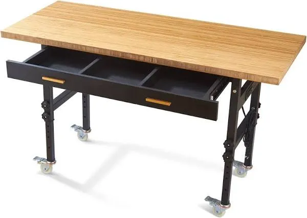 Work Bench with Storage, Drawers, Rolling Wheels, Power Outlet - Metal Framed Hardwood Table Top Workbench for Garage, 60" Heavy-Duty Adjustable Garage Work Bench, 2700 LBS Load Capacity