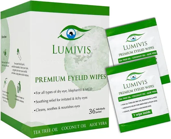 Lumivis Eyelid & Eyelash Wipes with Tea Tree Oil 36 Pcs - Daily Eye Cleanser for Blepharitis, Itchy, Stye Eyes - Individually Wrapped, Natural