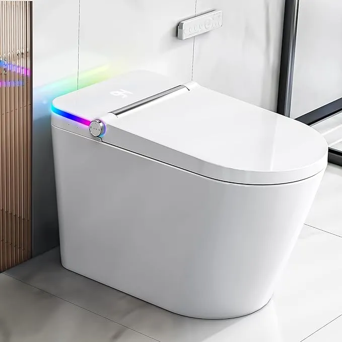 Tankless Smart Toilet with Built-in Bidet, Heated Seat, Warm Water and Dry, Simple Installation, with Foot Sensor and Night Light, Auto Flush, Auto