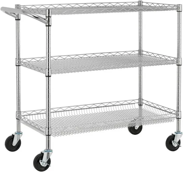 3 Tier Heavy Duty Utility Cart Wire Rolling Service Cart w/ Handle Bar Shelf New