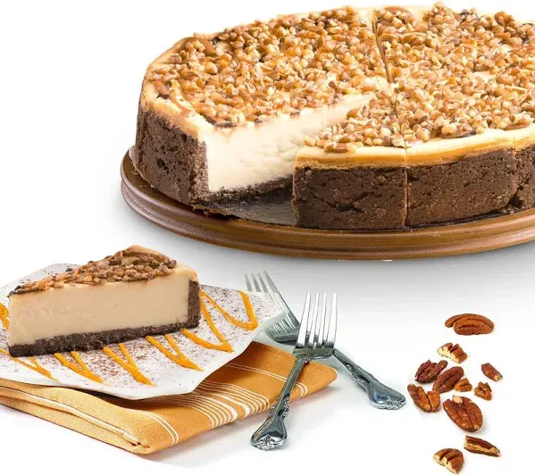 Chocolate Caramel Pecan Cheesecake 10" - Pre-sliced 14 pcs. Creamy Cheesecake Topped With Clumps of Chewy Pecans Drenched In A Coating Of Caramel, Fresh Bakery Dessert Great Gift Idea for Women, Men