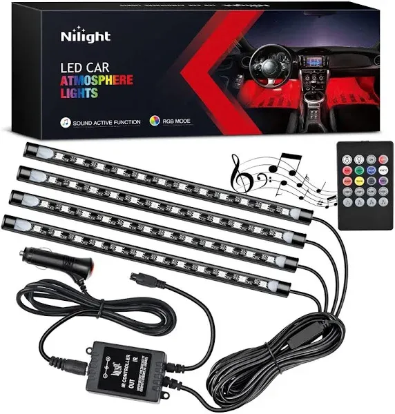 Nilight - TR-06 4pcs 48 LED Interior Lights DC 12V Multicolor Music Car Strip Light Under Dash Lighting Kit with Sound Active Function and Wireless