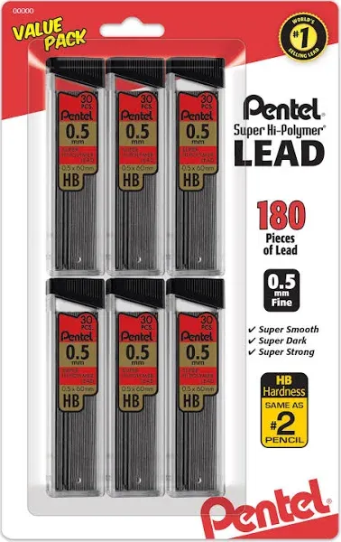 Pentel Super Hi-Polymer Lead Refills 0.5mm, #2 - 3 Tubes of 30 Lead