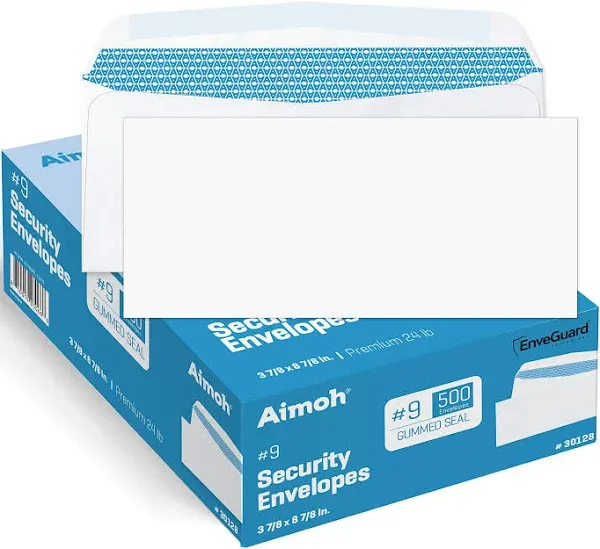 500#9 Security White Envelopes, GUMMED Closure, Premium Security Tint Pattern - No Window, EnveGuard, Size 3-7/8 x 8-7/8 Inches - White - 24 LB - 500 Count (30128)