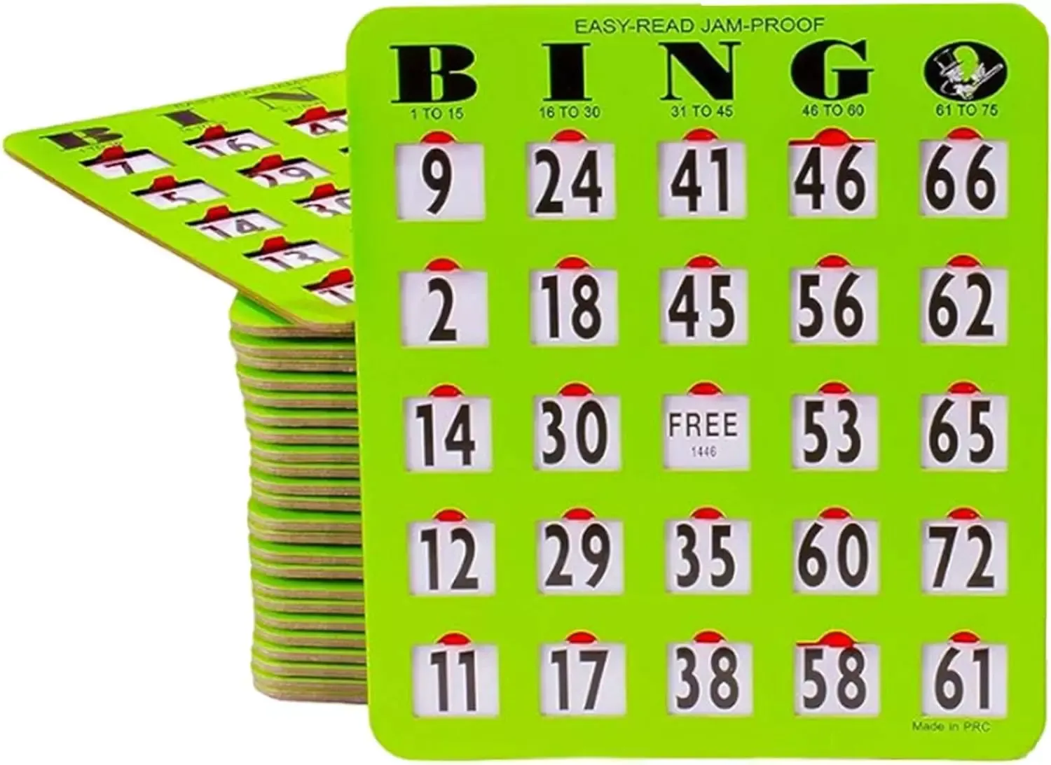 Mr Chips Jam-Proof Easy-Read Large Print Fingertip Slide Bingo Cards with Sliding Windows - 10 Pack in Green Style