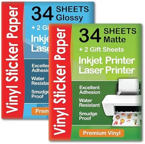 Premium Printable Vinyl Sticker Paper for Inkjet &amp; Laser Printer - 34 White 