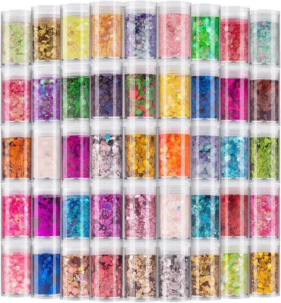 Linwulte Holographic Chunky and Fine Glitter Mix, 45 Colors Festival Sequins & Glitter Powder, Iridescent Glitter Flakes, Cosmetic Face Body Eye Hair Nail