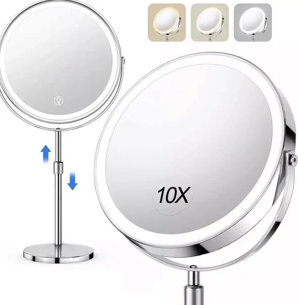 10X Large Lighted Makeup Mirror, Rechargeable 8&#034; Height Adjustable Vanity Mirror