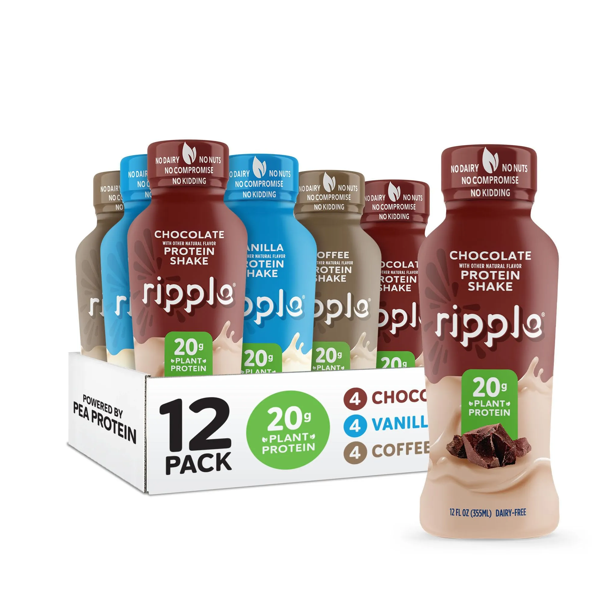 Ripple Plant Based Protein Shake Variety Pack | 20g of Quality Sourced Pea Protein, Calcium Rich | Shelf Stable | Vegan & Non GMO | Dairy, Soy, Nut, & Gluten Free | 12 Fl Oz Bottles (Pack of 12)