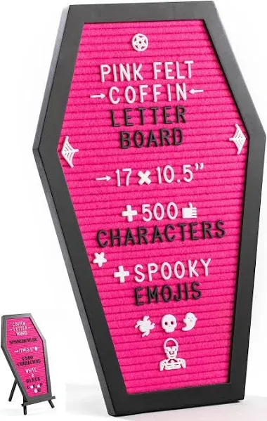 Coffin Letter Board Black With Spooky and All Seasons Emojis +500 Characters, and Wooden Stand - 17x10.5 Inches - Gothic Halloween Decor Spooky Gifts Decorations