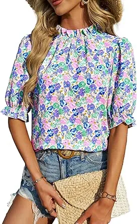 BTFBM Women's Summer Boho Shirt Top Ruffle Short Sleeve Frill Trim Mock Neck Floral Solid 2024 Casual Blouses Shirts Tops