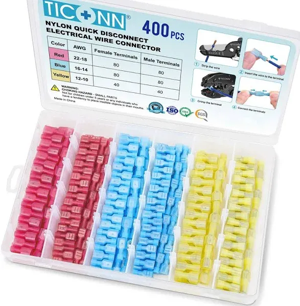 TICONN 400 Pcs Nylon Spade Quick Disconnect Connectors Kit, Electrical Insulated Terminals, male and Female Spade Wire Crimp Terminal Assortment Kit