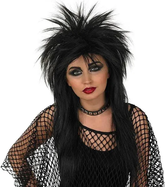 Men`s Women`s 80’s Black  Rock Wig for  Rock Star Costume Spiked Hair Halloween