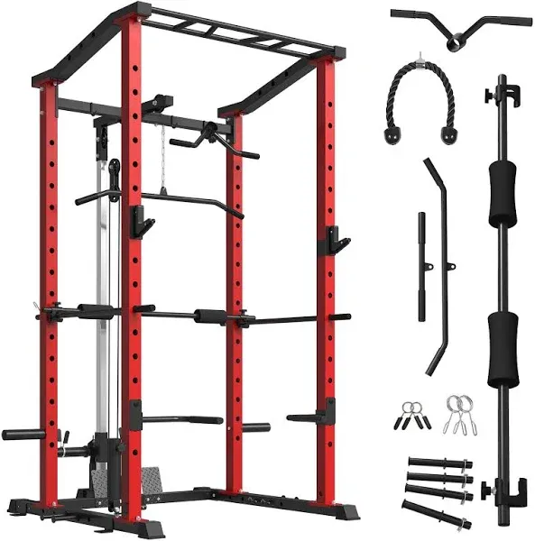 Power Cage, 1200LBS Power Rack with LAT Pulldown, Multi-Functional Squat Rack, Squat Cage with More Training Attachments for Home Gym