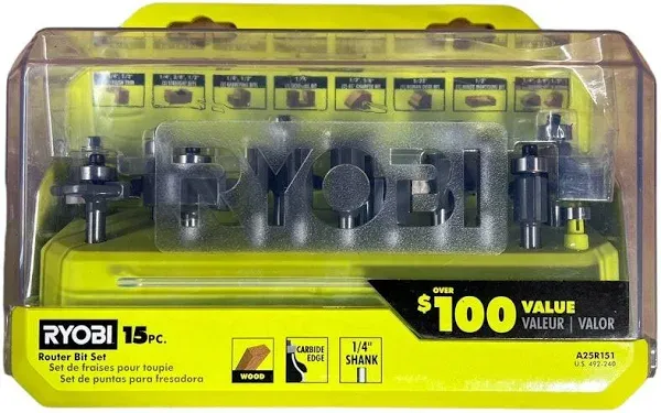 Ryobi A25r151 15 Piece 1/4 inch Shank Carbide Edge Router Bit Set