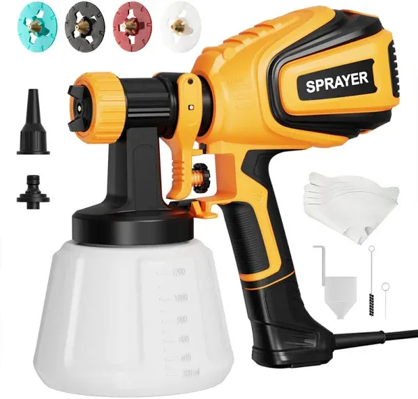 VONFORN Paint Sprayer, 700W HVLP Spray Gun with Cleaning & Blowing Joints, 4 Nozzles and 3 Patterns, Easy to Clean, for Furniture, Cabinets, Fence,