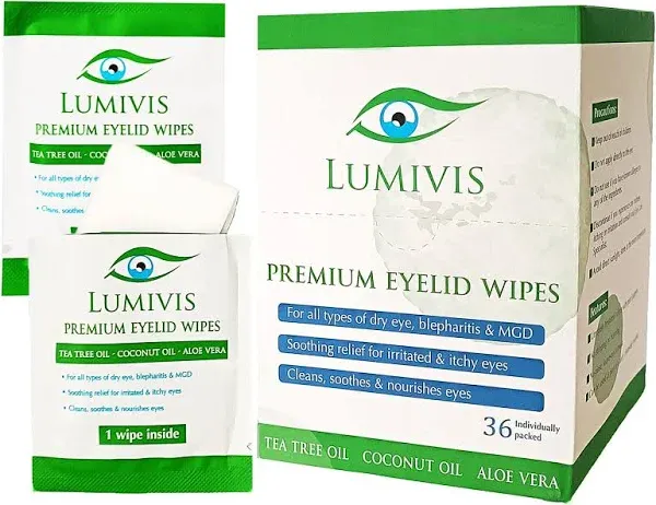 Lumivis Tea Tree Oil Eyelid Wipes 36 Individually Wrapped Pads for Daily Eye Cleansing and Makeup Removal