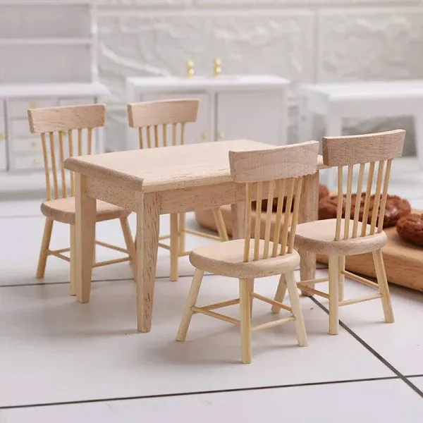 Z MAYABBO Wooden Dollhouse Furniture of Table & Chair, Miniature Dollhouse Accessories of Dining Room Accessory - 1/12 Scale