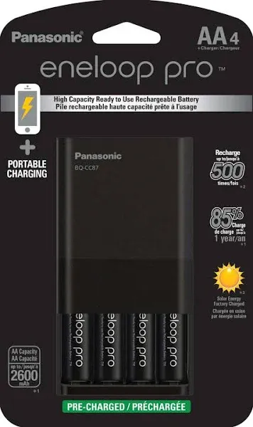 Panasonic K-KJ87KHA4BA Individual Battery Charger with Portable Charging Technology and 4AA eneloop pro Rechargeable Batteries, Black