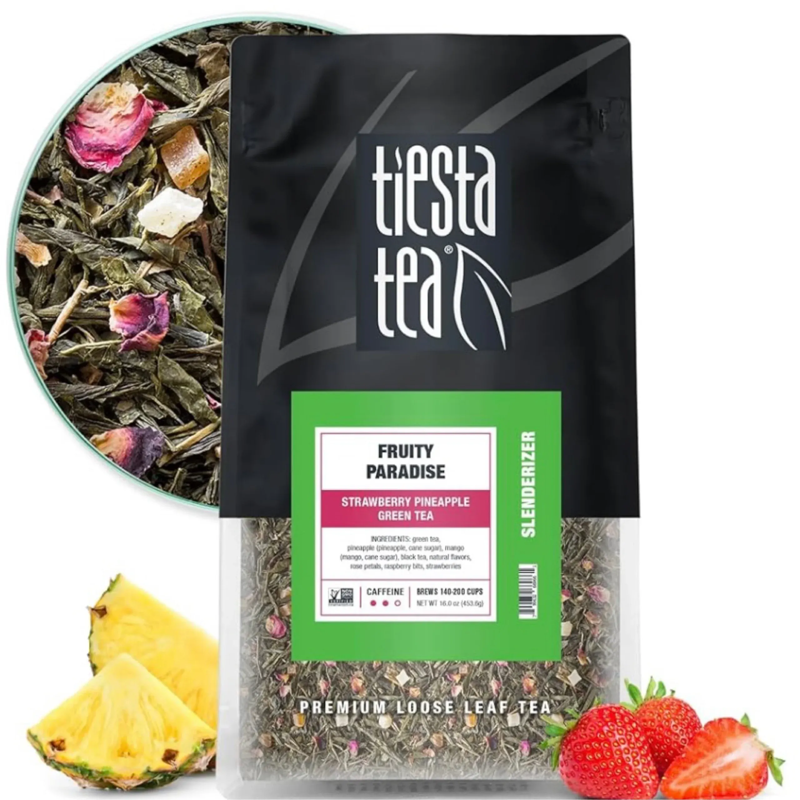 Tiesta Tea - Fruity Paradise, Slenderizer Loose Leaf Green Tea, Strawberry Pineapple Green Tea, Medium Caffeine, GMO-Free, Make Hot or Iced Tea & Brews Up to 50 Cups - 4 Ounce Refillable Tin