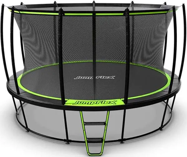 JumpFlex Hero Round Trampoline for Kids Outdoor Backyard Play Equipment Playset with Net Safety Enclosure and Ladder