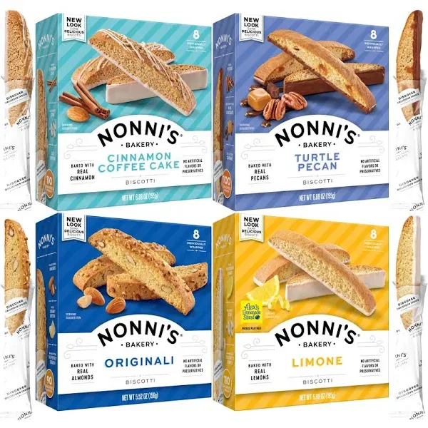 Nonni's Individually Wrapped Biscotti Italian Cookies in 4 Variety Packs - Originali, Limone, Turtle Pecan and Cinnamon Coffee Cake Made with Real