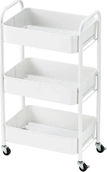 3 Tier Metal Utility Cart, Rolling, Mesh Shelves, Locking Casters, Powder-Coated