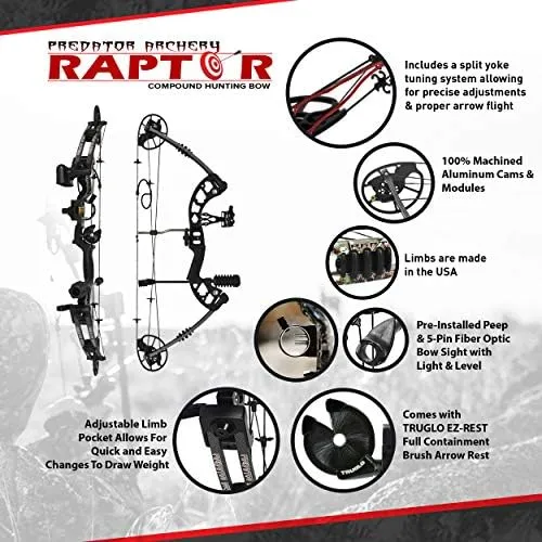 Raptor Compound Bow Kit: Right & Left Hand - USA Limbs - Fully Adjustable 24.5-31” Draw - 30-70LB Pull - High-Speed Aluminum Cams 315 FPS - Accessories and Install Video Included