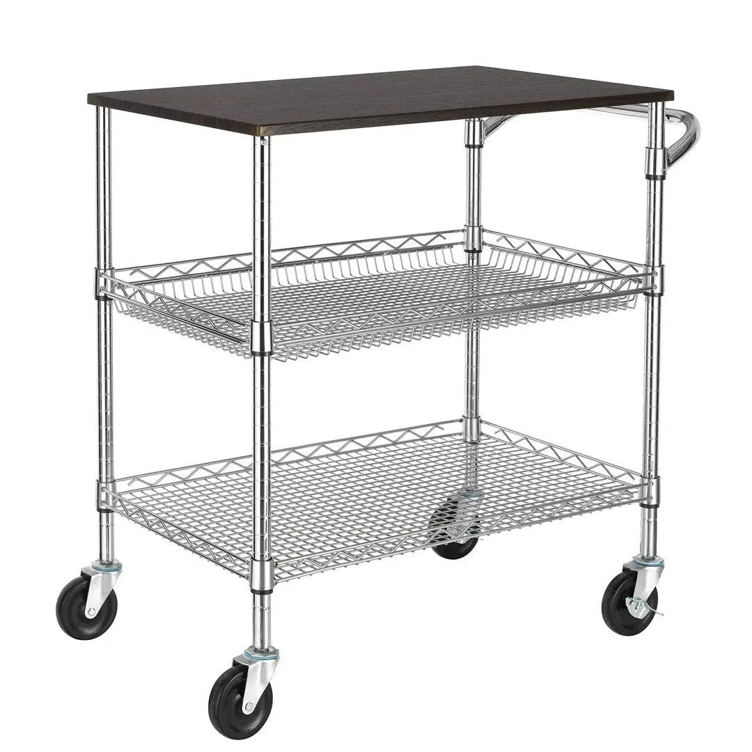 Finnhomy 3 Tier Heavy Duty Commercial Grade Utility Cart, Wire Rolling Cart with Handle Bar, Steel Service Cart with Wheels