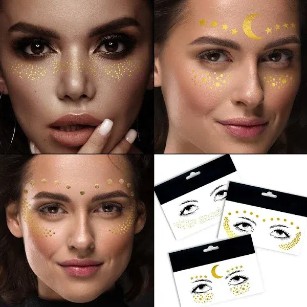 1Sheet Freckles Face Metallic Tattoo Sticker - Eye Gold Glitter Temporary Water Transfer Tattoo Professional Make Up Dancer Costume Parties for Women and Girls