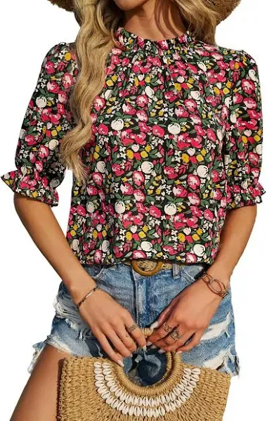 BTFBM Women's Summer Boho Shirt Top Ruffle Short Sleeve Frill Trim Mock Neck Floral Solid 2024 Casual Blouses Shirts Tops