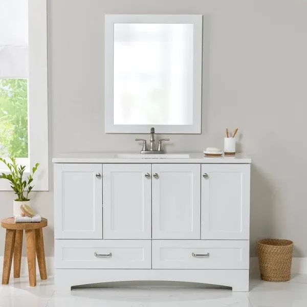 Spring Mill Cabinets Emlyn 48 Inch Bathroom Vanity with White Single Sink Top, 3 Cabinets, 2 Shelves, 2 Drawers, 48.5" W x 18.75" D x 32.89" H, Admiral Blue