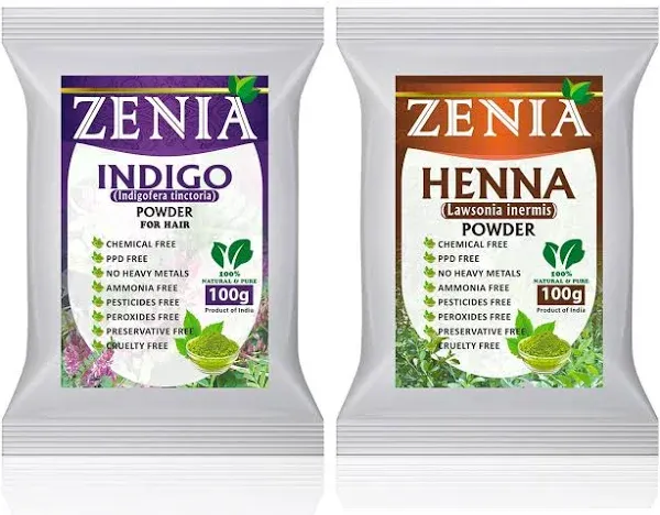 Zenia 100% Pure Indigo Powder and Henna Powder Hair Color Combo Kit | for Coloring Hair and Beard Black | 100 Grams Each | All Natural, Chemical Free, PPD-free, Ammonia-free