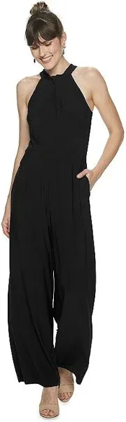 Nina Leonard Crossed Neck Sleeveless Keyhole Back Solid Jersey Jumpsuit