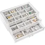 ProCase Earring Organiser Jewellery Organizer Box with 3 Drawers, Acrylic Stackable Jewelry Holder Clear Earring Storage Case with Adjustable Trays