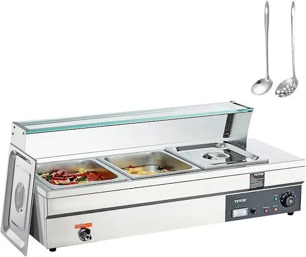 VEVOR 3-Pan Commercial Food Warmer, 3 x 12QT Electric Steam Table with Tempered Glass Cover, 1500W Countertop Stainless Steel Buffet Bain Marie 86-185°F Temp Control for Catering, Restaurants, Silver