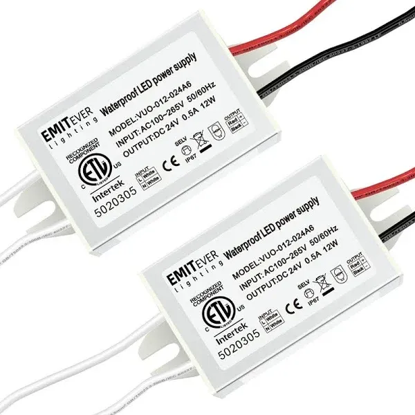 Emitever 24Volt Led Power Supply Driver 12W 2-Pack, Etl Listed Waterproof Ip67