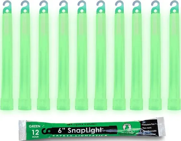 Cyalume Military Grade Green Glow Sticks - Premium Bright 6” Chemlight Emergency Glow Sticks with 12 Hour Duration (Bulk Pack of 10 Chem Lights) 9-42290