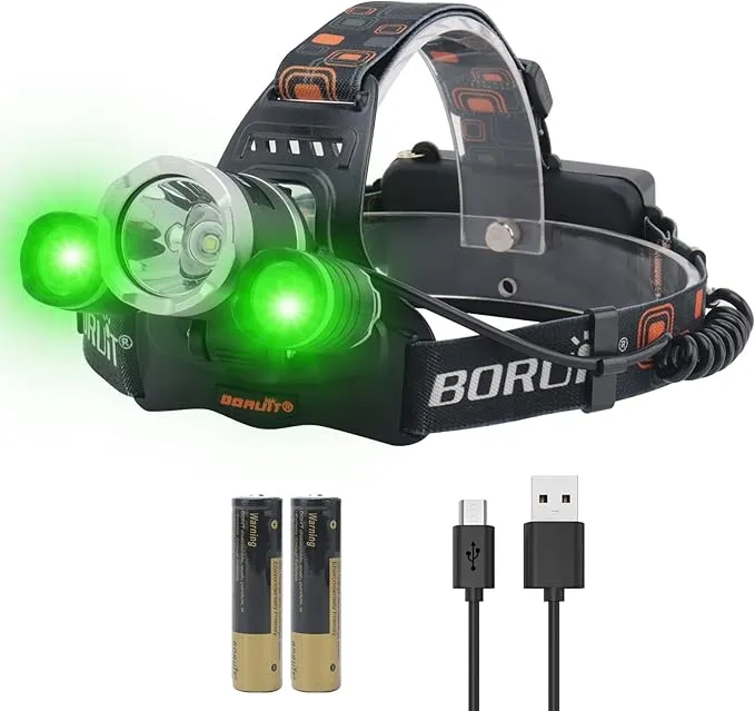 BORUIT RJ-3000 LED Rechargeable Headlamp with Green Light Super Bright 5000 Lumens Hunting Head Lamp 3 Mode Waterproof Head Light for Adult Fishing Camping Headlight Gear