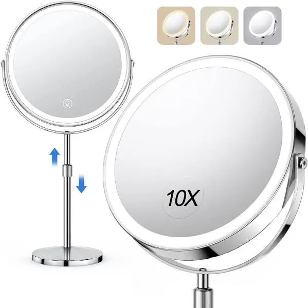 10X Large Lighted Makeup Mirror, Rechargeable 8&#034; Height Adjustable Vanity Mirror